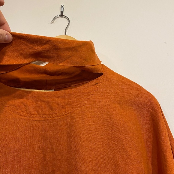 Lintico 100% Linen Orange Dropped Collar Long-Sleeve Top Size Small - Picture 5 of 6